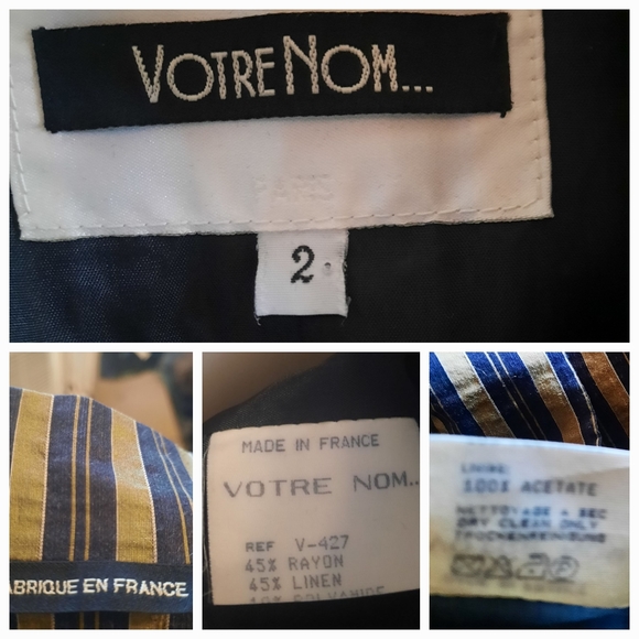 Vtg VOTRE NOM Linen Blend Striped Mandarin Collar Blazer Sz S Navy/Olive - Picture 10 of 10